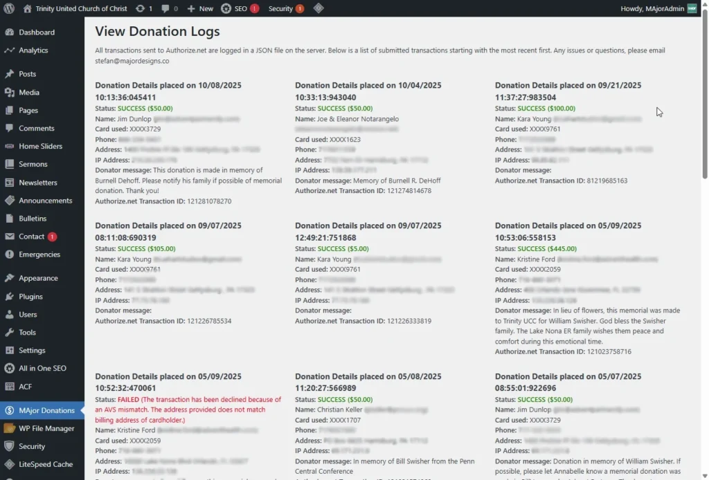 WordPress admin donation logs showing successful and failed Authorize.net transactions